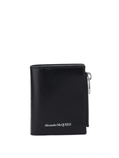 Alexander Mcqueen Man Black Bifold Wallet With White Logo