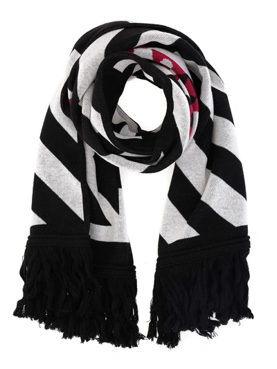 Off-white Striped Wool Cotton Blend Scarf In Black