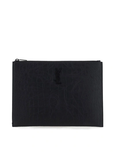 Saint Laurent Croco Print Leather Ipad Case In Black