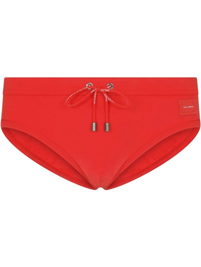 Dolce & Gabbana Swim Briefs With High-cut Leg And Branded Plate In Red