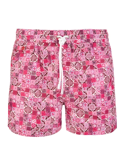 Kiton Pink And Fuchsia Man Swimsuit With Tile Pattern In Pink Flower