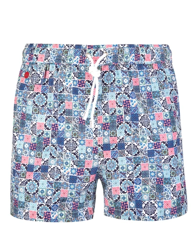 Kiton Light Blue And Pink Man Swimsuit With Tile Pattern In Blue Flower