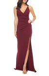 Dress The Population Jordan Ruched Side Slit Gown In Burgundy