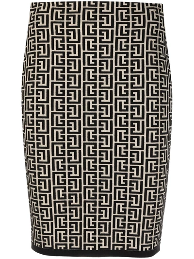 Balmain Monogram Jacquard Fitted Skirt In Black,neutral