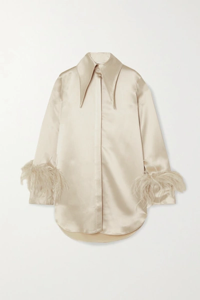 16arlington Seymour Feather-trim Satin Shirt Dress In Beige