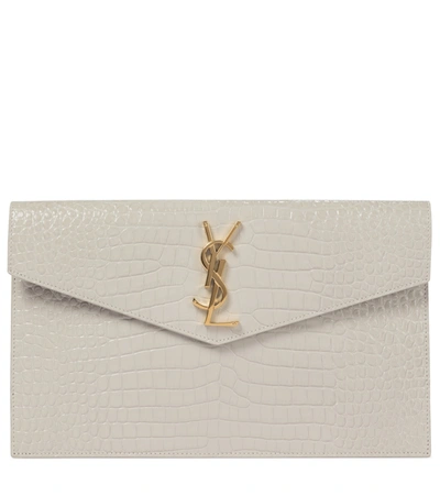 Saint Laurent Neutral Uptown Mock Croc Leather Clutch Bag In White