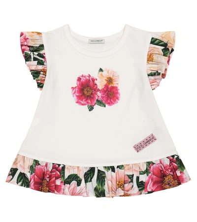 Dolce & Gabbana Floral Ruffled Cotton Jersey T-shirt In Pink