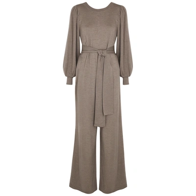 Gestuz Thelma Light Brown Belted Wool Jumpsuit In Beige