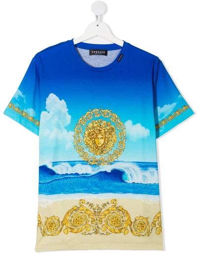 Young Versace Teen Logo Baroque Print T-shirt In Blue