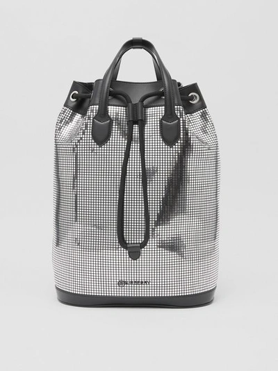 Burberry Mirrored Suede And Leather Drawcord Backpack In Silver/black