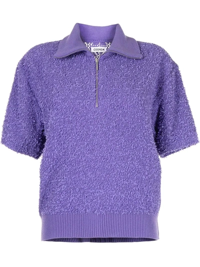 Coohem Textured Knit Zip-front Top In Purple