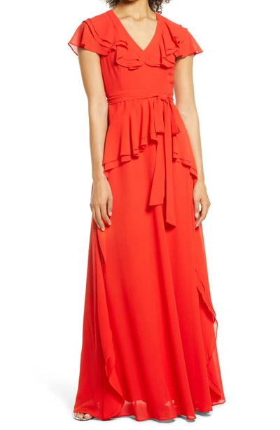 Shani V-neck Ruffle Georgette Flutter-sleeve Gown In Red