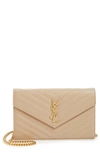 Saint Laurent Large Monogram Quilted Leather Wallet On A Chain In Beige