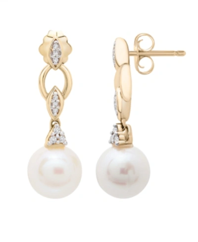 Macy's Cultured Freshwater Pearl (7mm) And Diamond Accent Earrings In 14k Yellow Gold