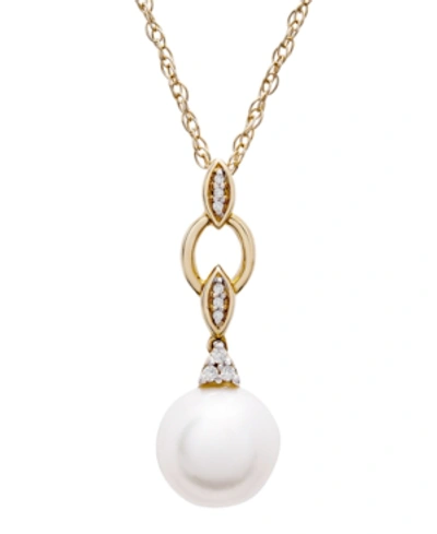 Macy's Cultured Freshwater Pearl (8mm) And Diamond Accent 18" Pendant Necklace In 14k Yellow Gold