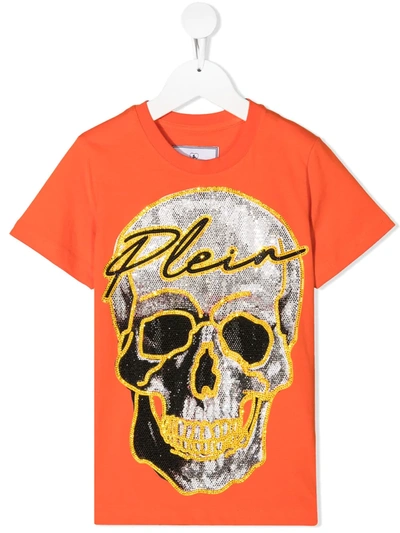 Philipp Plein Kids' Short-sleeved Embellished Skull T-shirt In Orange