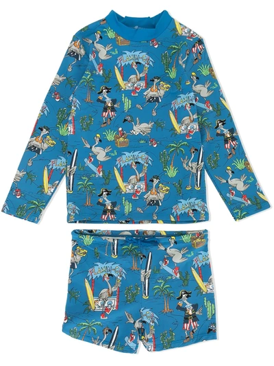 Stella Mccartney Kids' Flamingo Land Print Swim Set In Blue