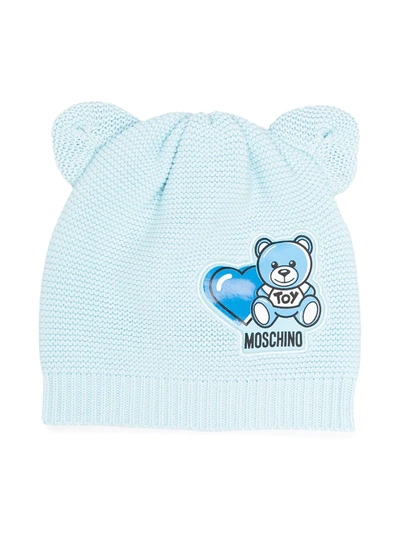 Moschino Babies' Teddy 印花针织套头帽 In Blue