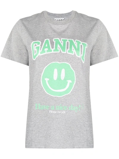 Ganni Smiley Crew-neck T-shirt In Grey