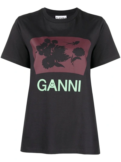 Ganni Floral-print Crew-neck T-shirt In Black