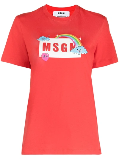 Msgm Rainbow Logo T-shirt In Red