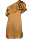 Saint Laurent One Shoulder Dress With Satin Crepe Frill In Brown