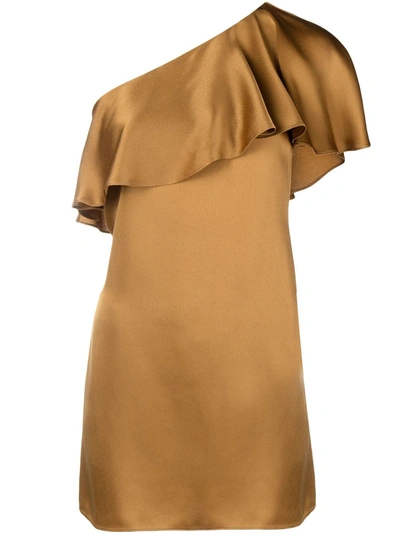 Saint Laurent One Shoulder Dress With Satin Crepe Frill In Brown,gold