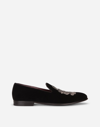Dolce & Gabbana Leonardo Velvet Slippers Dg Coat Of Arms In Black/silver