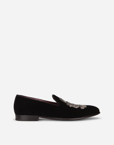 DOLCE & GABBANA VELVET SLIPPERS WITH COAT OF ARMS EMBROIDERY