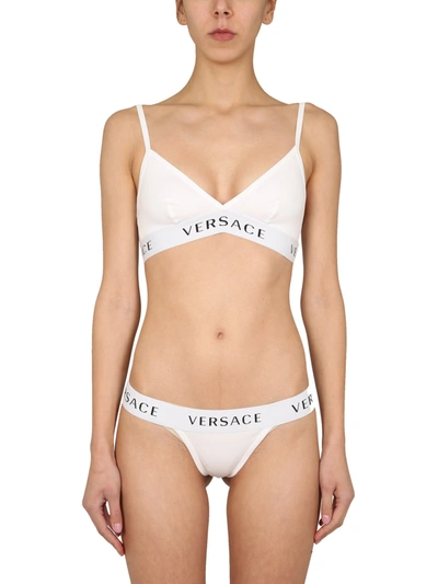 Versace Thong With Logo In Bianco