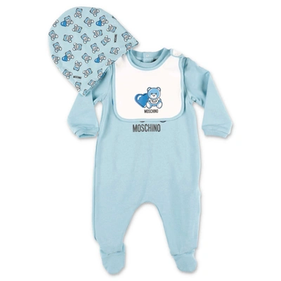 Moschino Babies' 棉质连体衣，围嘴&帽子 In Light Blue