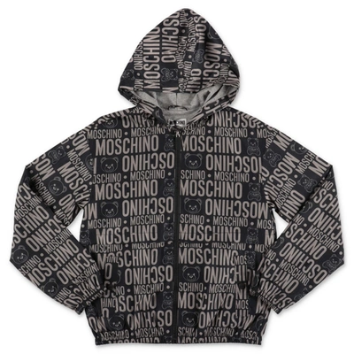 Moschino Kids' All Over Print Nylon Hooded Jacket In Black