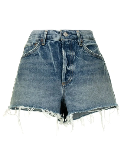 Agolde Parker Distressed High Waist Organic Cotton Denim Shorts In Skywave