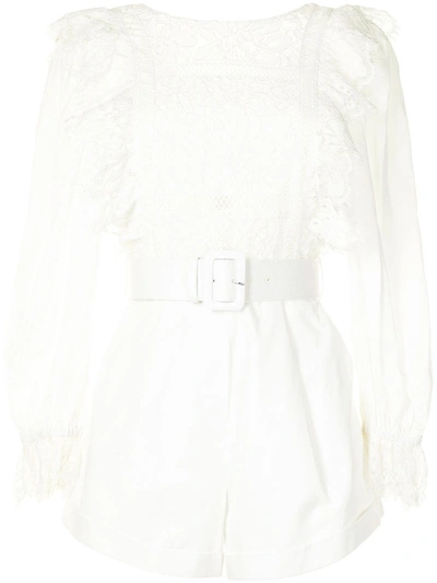 Self-portrait Lace-trimmed Belted Playsuit In White