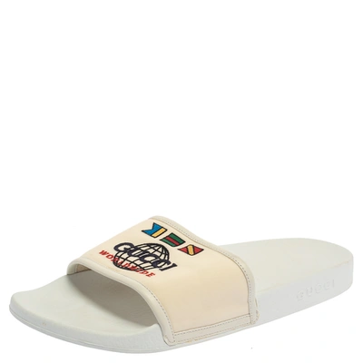 Pre-owned Gucci White Logo Print Canvas Slip On Slides Size 43