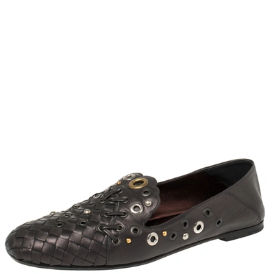Pre-owned Bottega Veneta Metallic Black Intrecciato Leather Studded Loafers Size 39