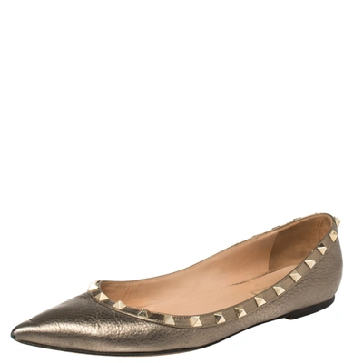 Pre-owned Valentino Garavani Metallic Leather Rockstud Ballet Flats Size 40.5