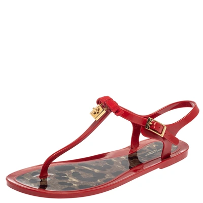 Pre-owned Dolce & Gabbana Dolce And Gabbana Red Patent Leather Jelly Bow Thong Flat Sandals Size 38