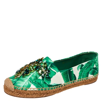 Pre-owned Dolce & Gabbana White/green Leaf Print Satin Embellished Flat Espadrilles Size 38