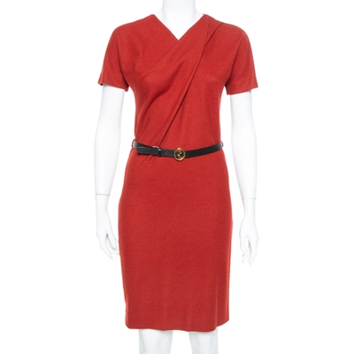 Pre-owned Gucci Red Fleece Wool Flared Belted Midi Dress M