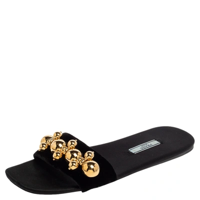 Pre-owned Prada Black Velvet Studded Flat Slides Size 38.5