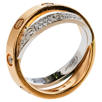 Pre-owned Cartier Love Diamond 18k Two Tone Gold Double Band Ring Size 48