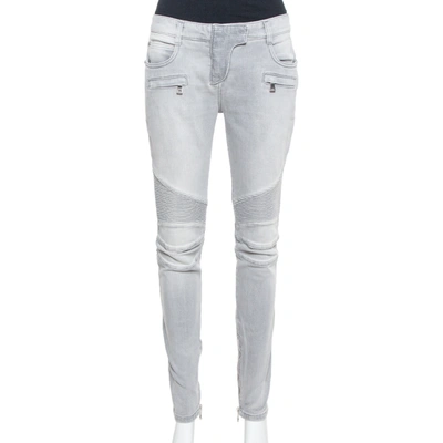 Pre-owned Balmain Grey Denim Quilted Detail Skinny Jeans M