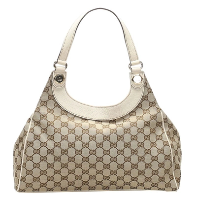 Pre-owned Gucci Brown/beige Canvas And Leather Charmy Hobo Bag