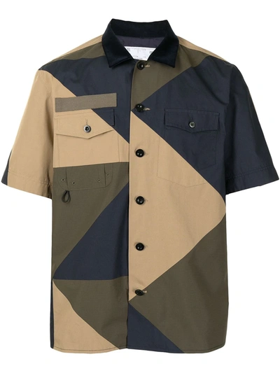 Sacai Geometric Patchwork Patch Pocket Shirt In Brown