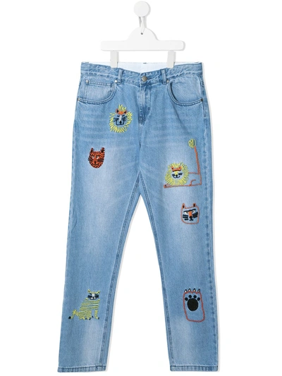 Stella Mccartney Kids' Embroidered Cotton Denim Jeans In Blue
