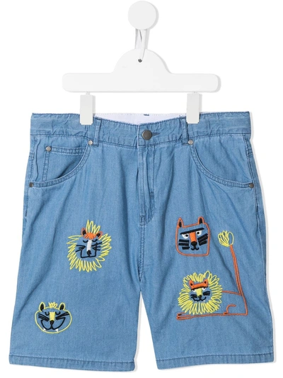 Stella Mccartney Teen Embroidered Feline Shorts In Blue