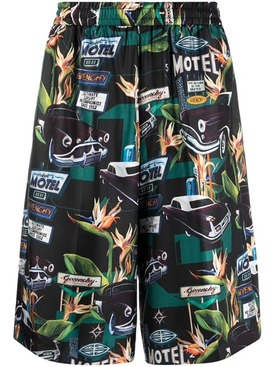 Givenchy Motel Car Print Silk Bermuda Shorts In Multicolour