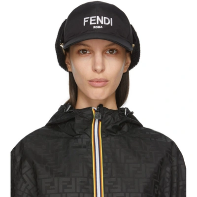 Fendi Shearling-trimmed Embroidered Shell Baseball Cap In Black