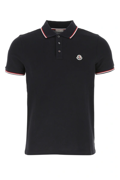 Moncler Blue Cotton Logo Patch Polo Shirt In Black
